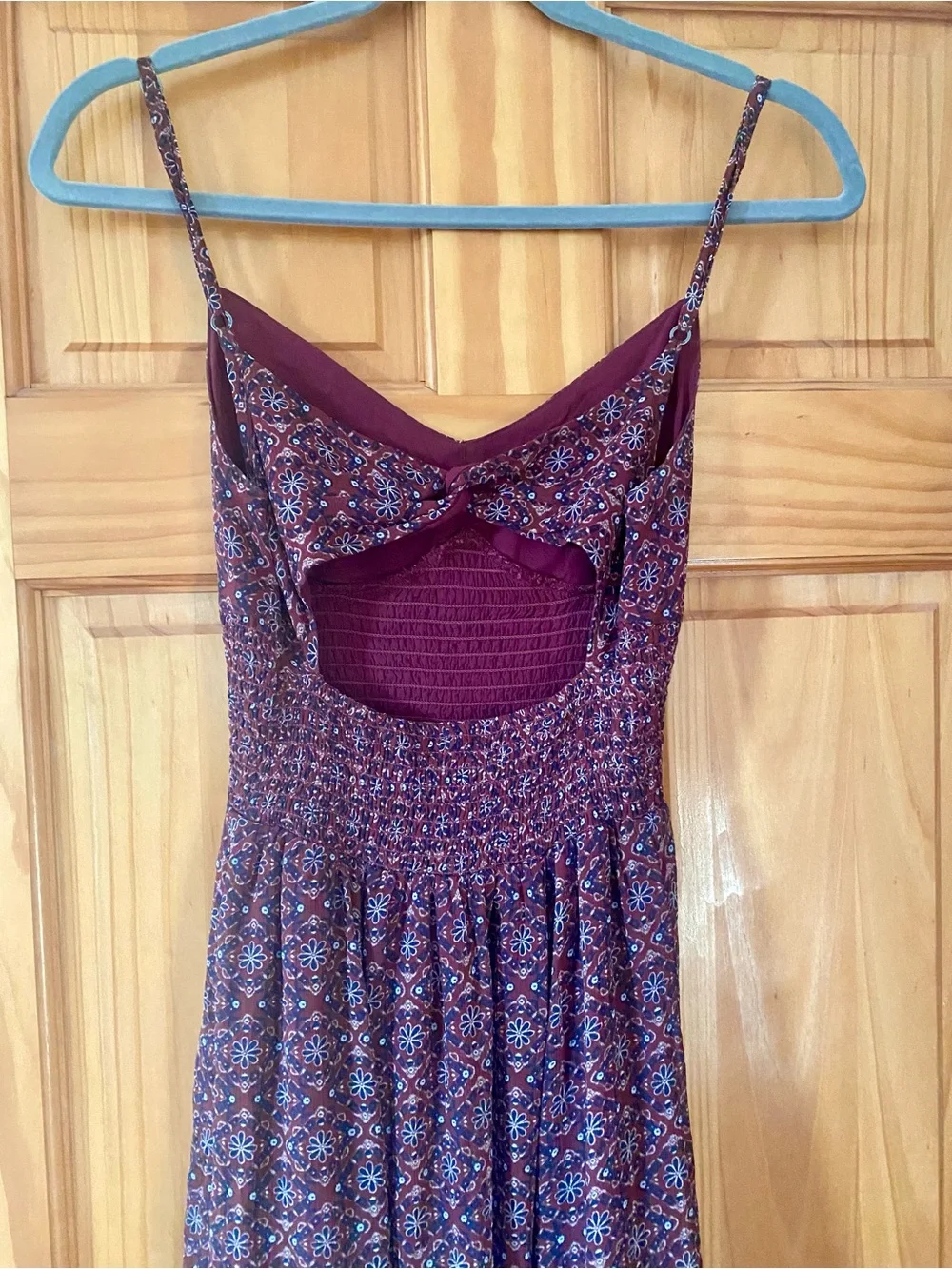 Abercrombie & Fitch Boho Sheer Overlay Maxi Dress Open Back Smocked Burgundy S